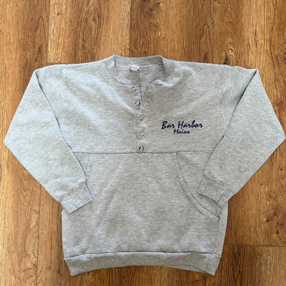 VTG Textile Prints Bar Harbor‎ Maine Henley Sweatshirt Gray USA Made Women's M